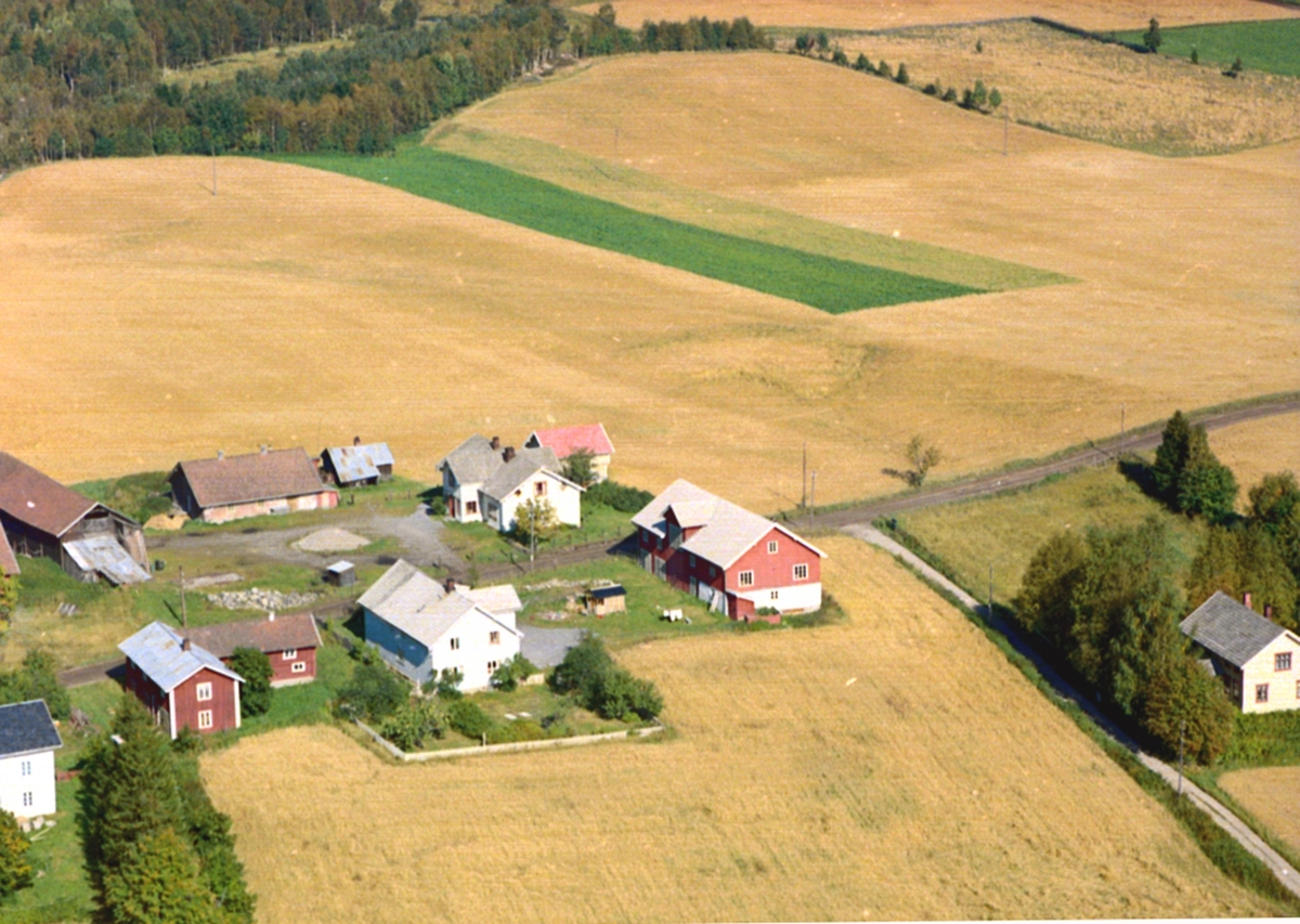 Widerøes Flyveselskap A/S, FLYFOTO. LØTEN. Hov, 3 forskjellige gårder som alle heter Hov, Østroa i Løten.