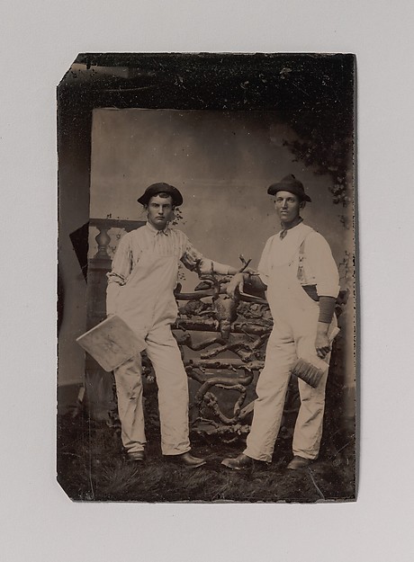 Unknown, [Two Plasterers in Overalls Leaning on a Rustic Fence]