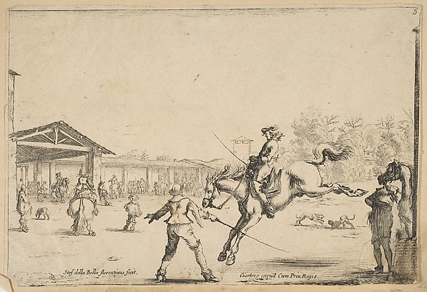 Stefano della Bella, A riding school, a horseman with sword jumping directed by another man with a sword in center, a man standing next to his horse to right, various horsemen, the school, and two dogs in the background, from 'Varie figure'