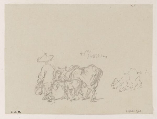 George Chinnery, A figure leading a cow and calf, and a kneeling goat