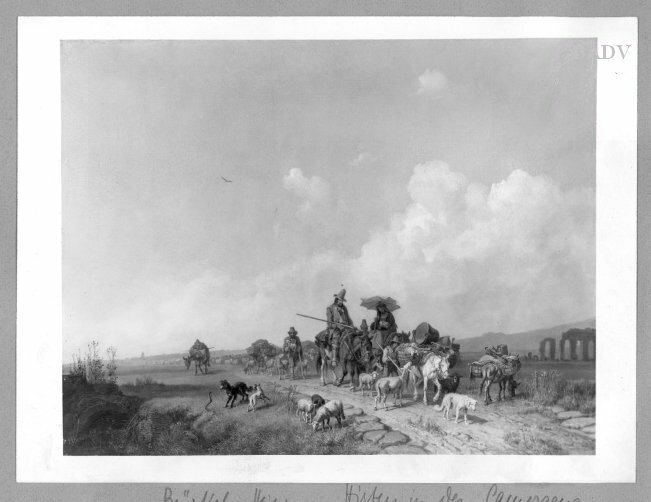 Heinrich Bürkel, train of shepherds+sheep in the Campagna.