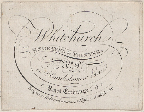Anonymous, British, 19th century, Trade Card for Whitchurch, Engraver & Printer