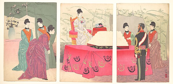 Kobayashi Kiyochika, Illustration of the  Empress Visiting the General Staff Headquarters [to present a tray of bandages]  (Sanbō honbu gyōkei no zu)