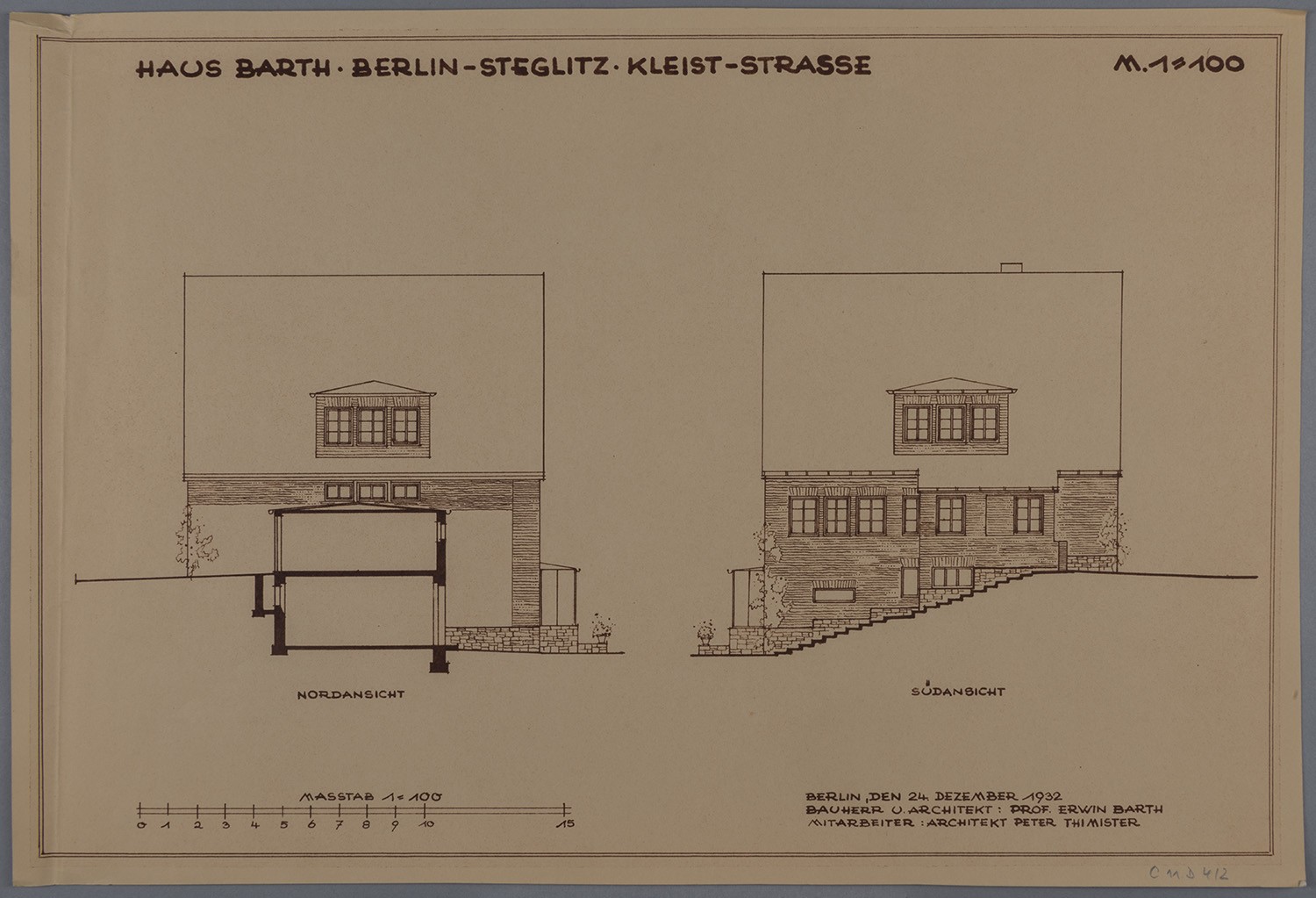 Erwin Barth (Gartenarchitekt), Berlin-Steglitz: Brentanostraße 68, Haus Barth. Nordansicht und Südansicht im Maßstab 1.100