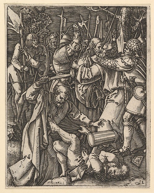 Marcantonio Raimondi, Judas kissing Christ surrounded by soldiers; St Peter attacking Malchus in foreground, from "The Passion of Christ", after Dürer