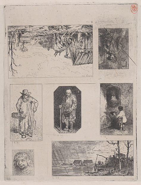Charles Jacque, Farmyard Landscape (a), Seated Peasant (b), Beggar (c), Beggar (d), Little Beggar (e), Head of a Breton (f), and Fishing Landscape (g)