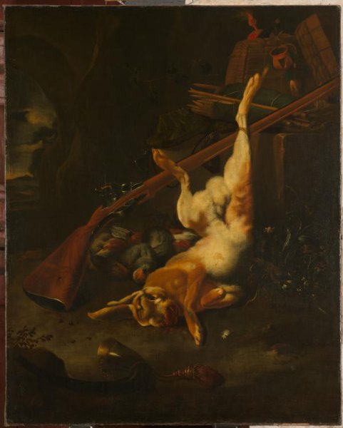 Melchior d' Hondecoeter, A Hunter's Bag, with Dead Hare