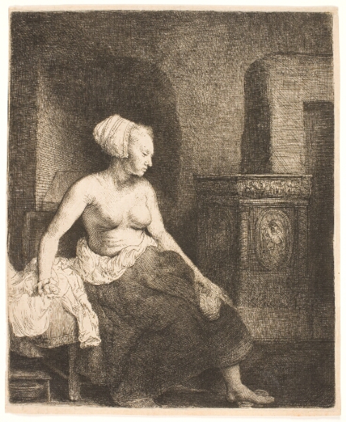 Rembrandt van Rijn, Kvindelig model, halvt påklædt, siddende ved en ovn