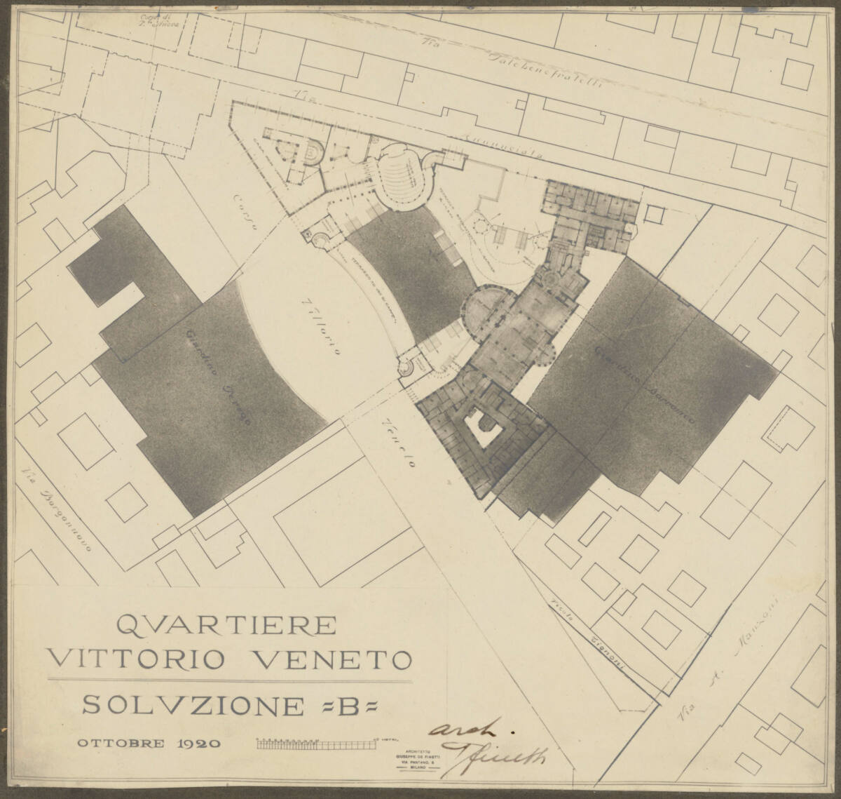 Anonym, Projekt für Grand Hotel "Hic Manebimus Optime", Mailand, Quartier Vittorio Veneto, Lösung B, Situationsplan