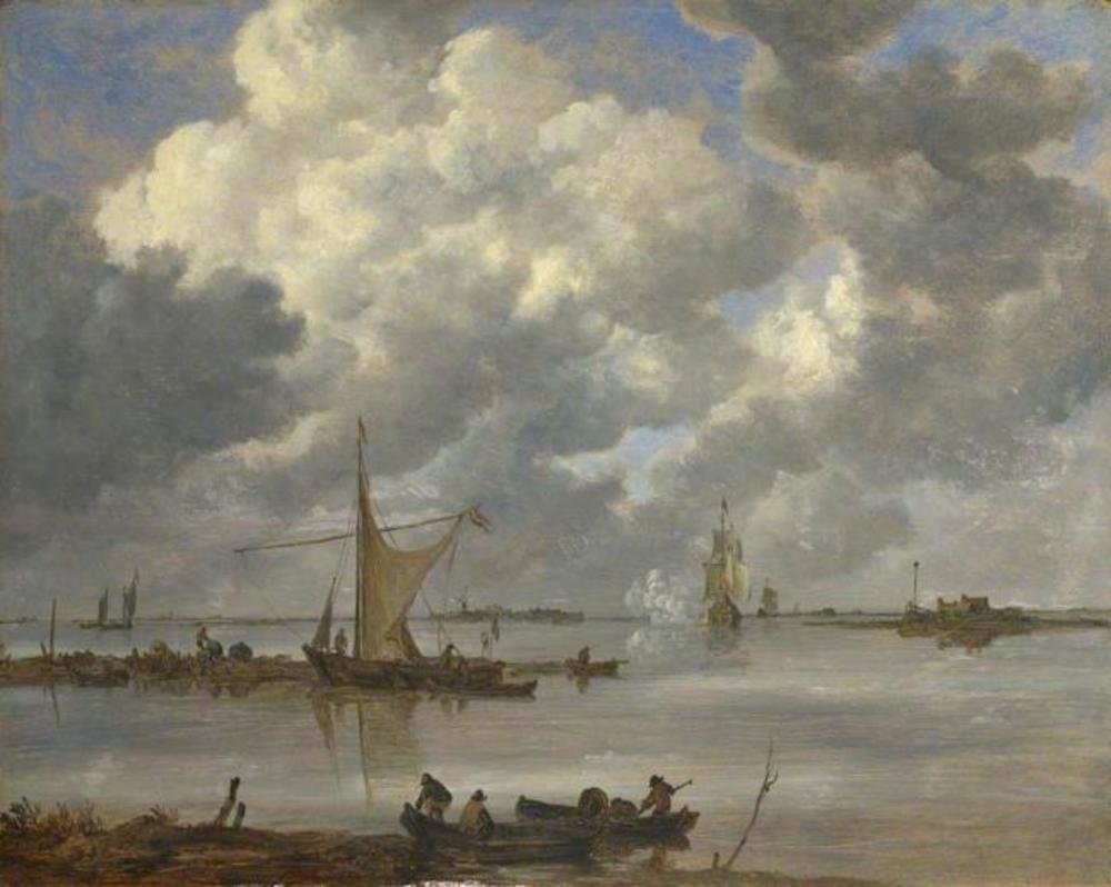 Jan van Goyen, An Estuary with Fishing Boats and Two Frigates