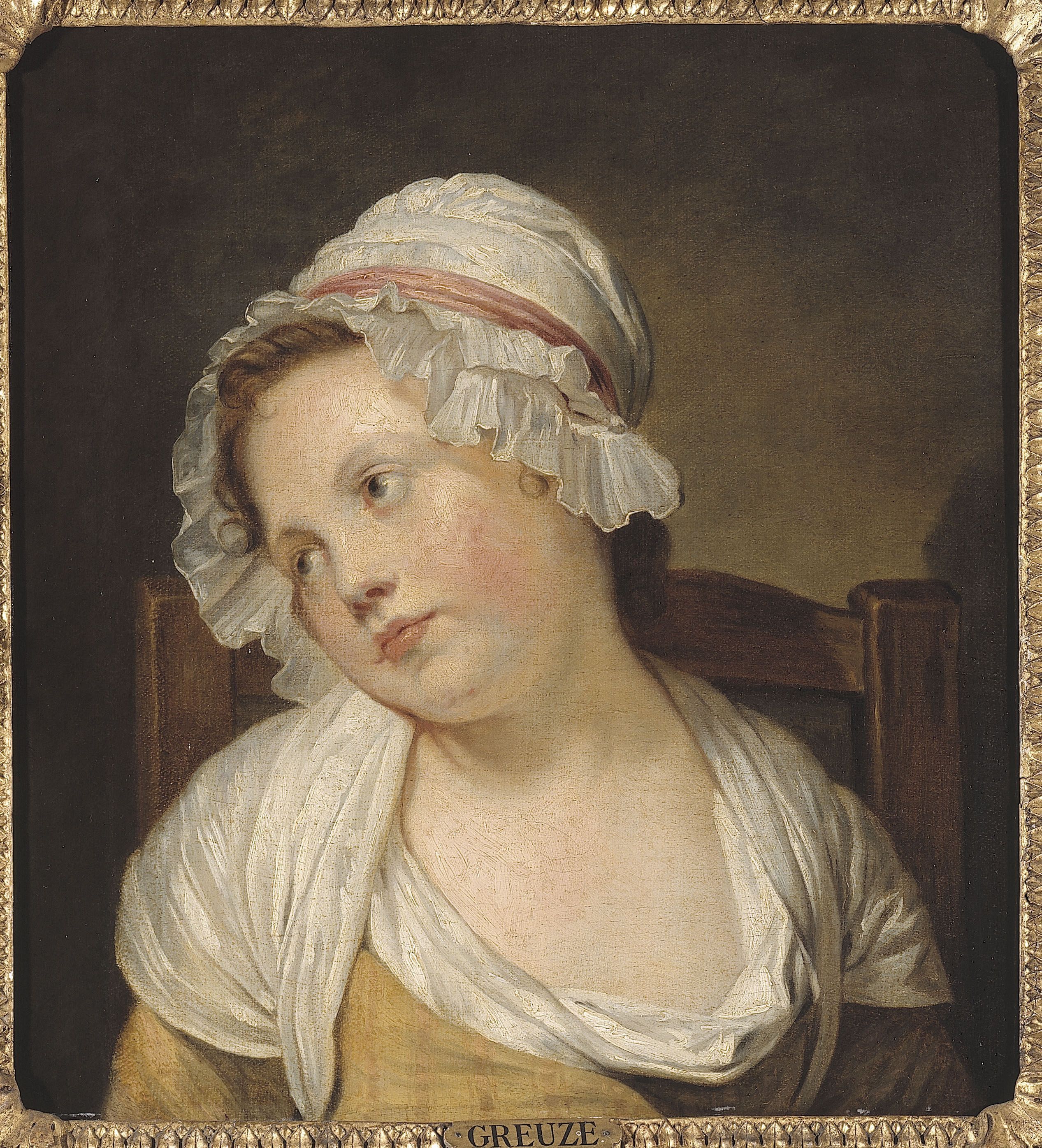 Ecole française, Portrait de petite fille au bonnet blanc