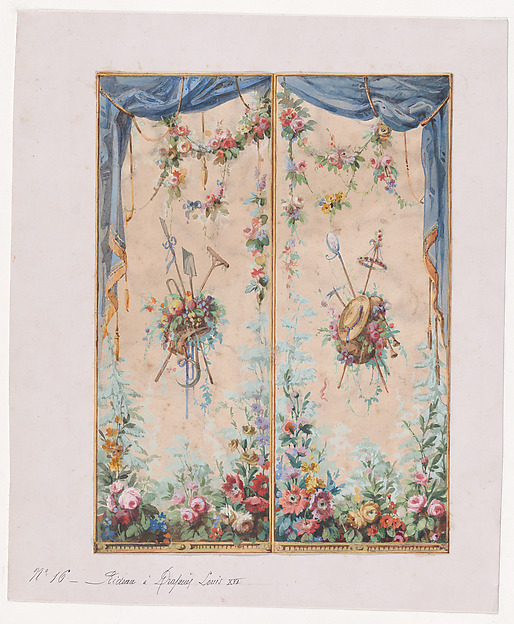 Anonymous, French, 19th century, Design for a Valance in the Style of Louis XVI with Bushes and Garlands of Flowers and Containing Two Decorative Bunches of Leaves, Fruits and Flowers Holding Gardening Utensils and a Straw Hat