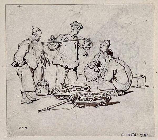 George Chinnery, A Chinese vendor weighing produce, with three other figures