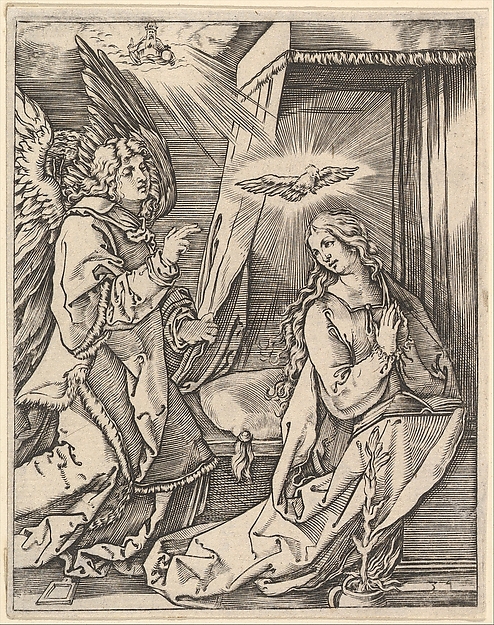 Marcantonio Raimondi, The Annunciation; on the left the archangel Gabriel approaches the praying Virgin Mary in her bedchamber, over her head a dove representing the Holy Ghost, in the sky above a figure of God the Father, from "The Passion of Christ", after Dürer