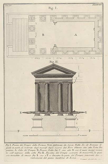 Giovanni Battista Piranesi, Plan and facade of the Temple of Fortuna Virilis (Tempio della Fortuna Virile), from "Le Antichità Romane"