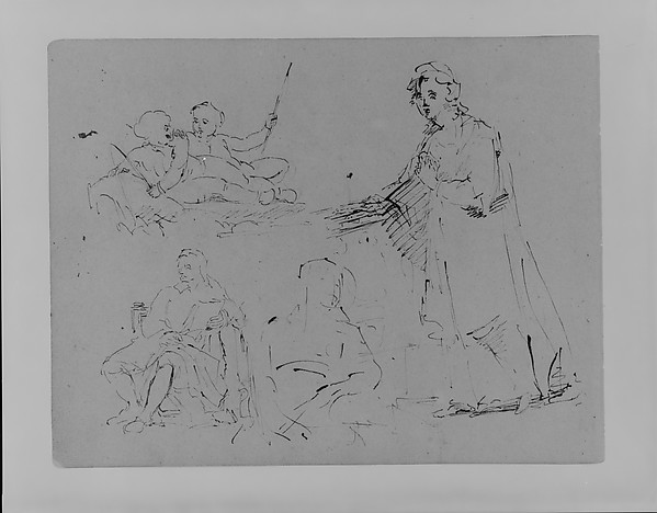 Thomas Sully, Five Figure Sketches: A Woman Descending a Staircase; Two Children Fishing; Male Seated; Woman Seated (from Sketchbook)