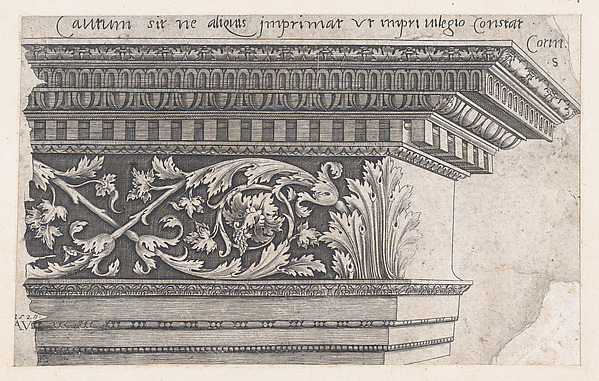 Agostino Veneziano (Agostino dei Musi), Corinthian Entablature, from "Speculum Romanae Magnificentiae"