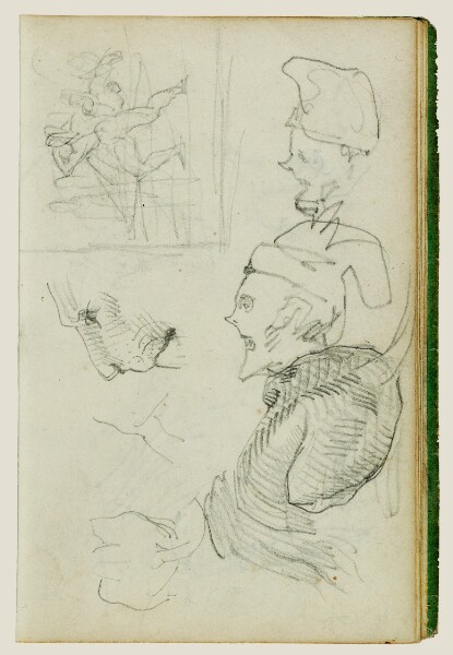 Théodore Géricault, Studies of lion, compositional group figure study, two caricature head studies