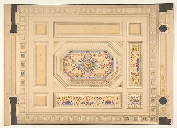 Jules-Edmond-Charles Lachaise, Design for a paneled ceiling painted with putti, birds, and floral motifs