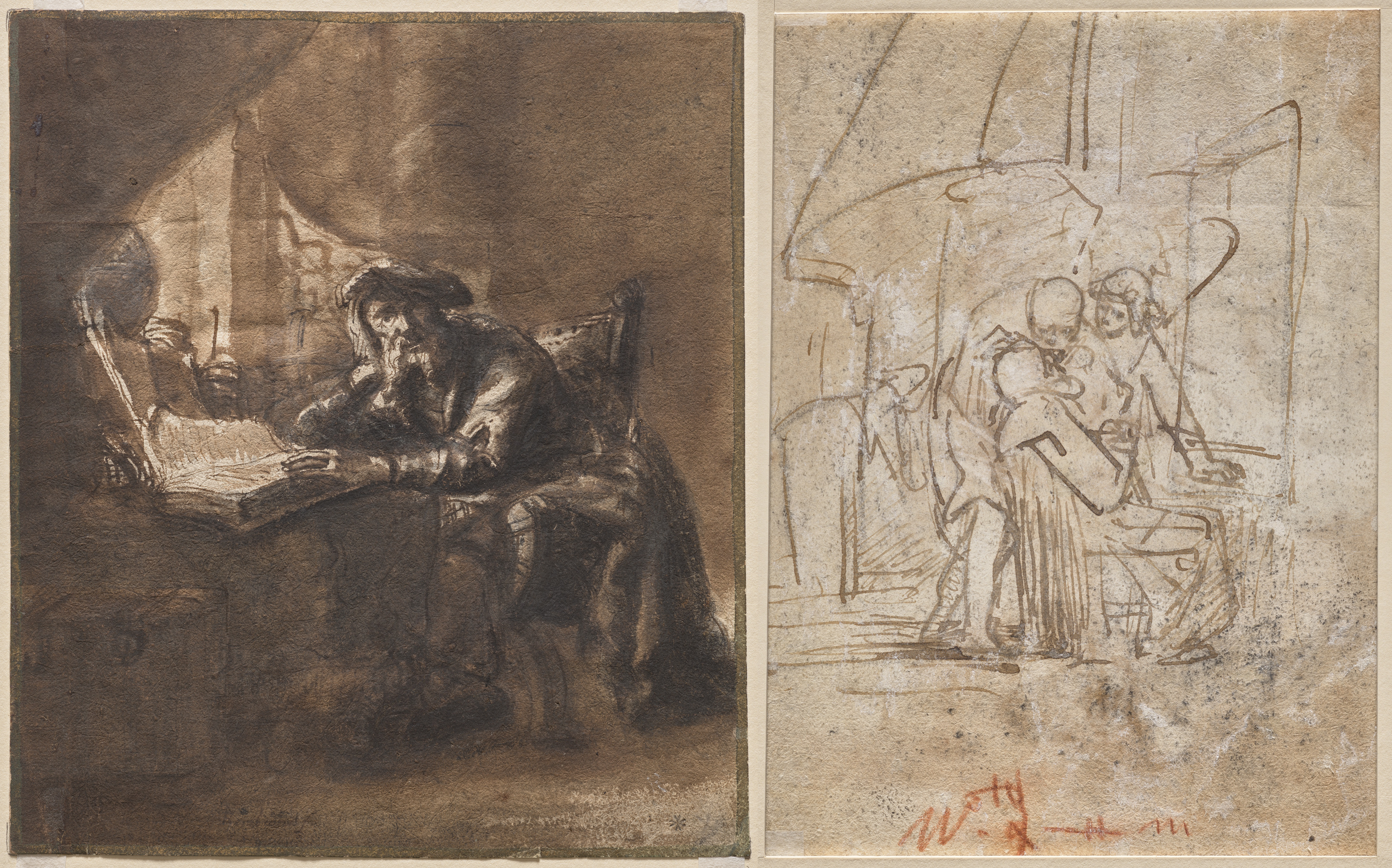 Ferdinand Bol, An Old Man Seated at a Table, His Head Resting on His Right Hand (recto); The Healing of Tobit (verso)