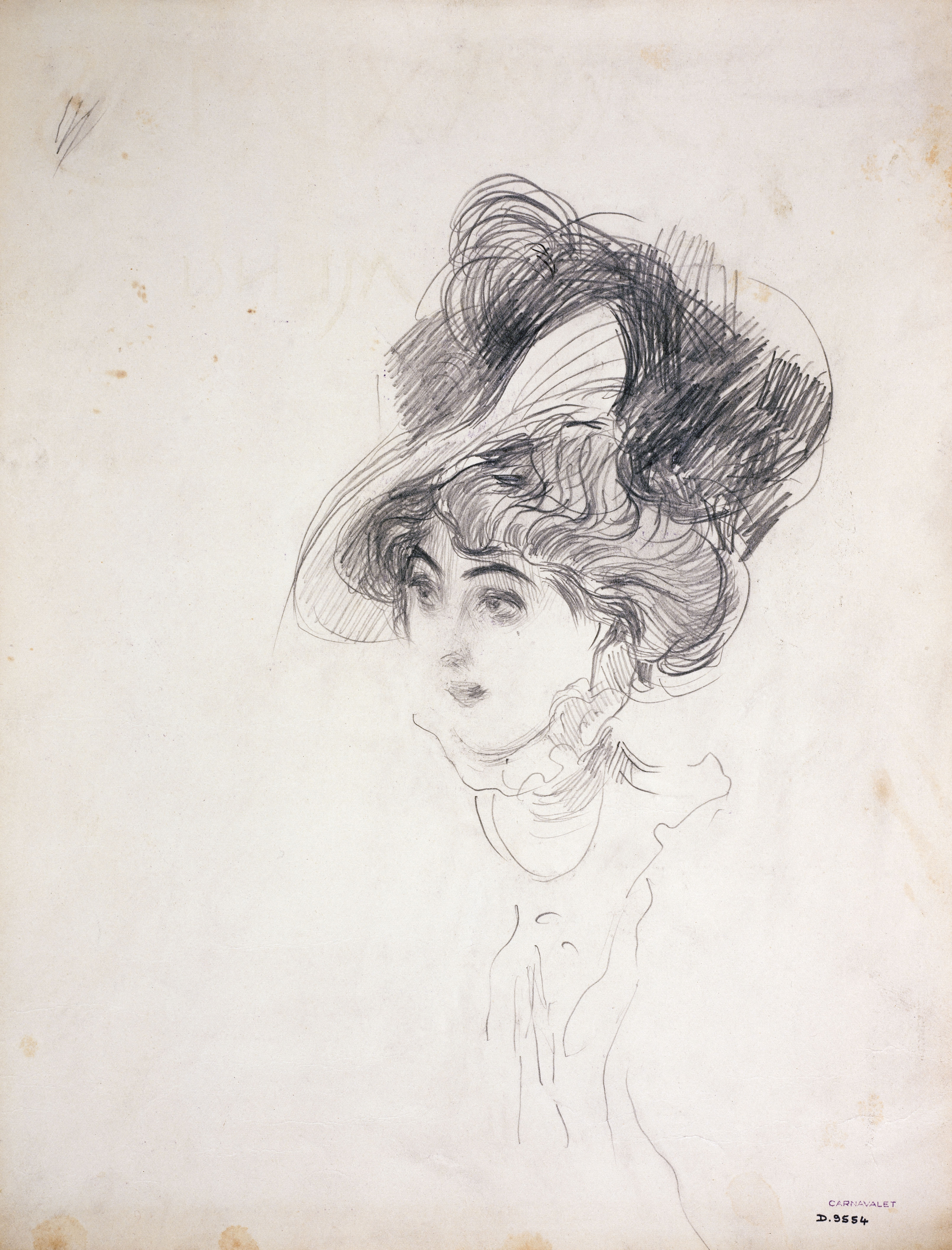 Giovanni Boldini, Portrait d'Arlette Dorgère (?) chez Maxim's le 16 avril 1908, exécuté au dos d'un menu de ce restaurant illustré d'un dessin de Sem et portant la date du 16 avril 1908