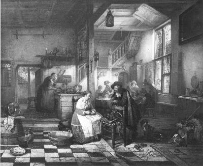 Jan August Hendrik Leys, Een Vlaamse herberg, op de voorgrond wisselt een meisje geld voor een heer