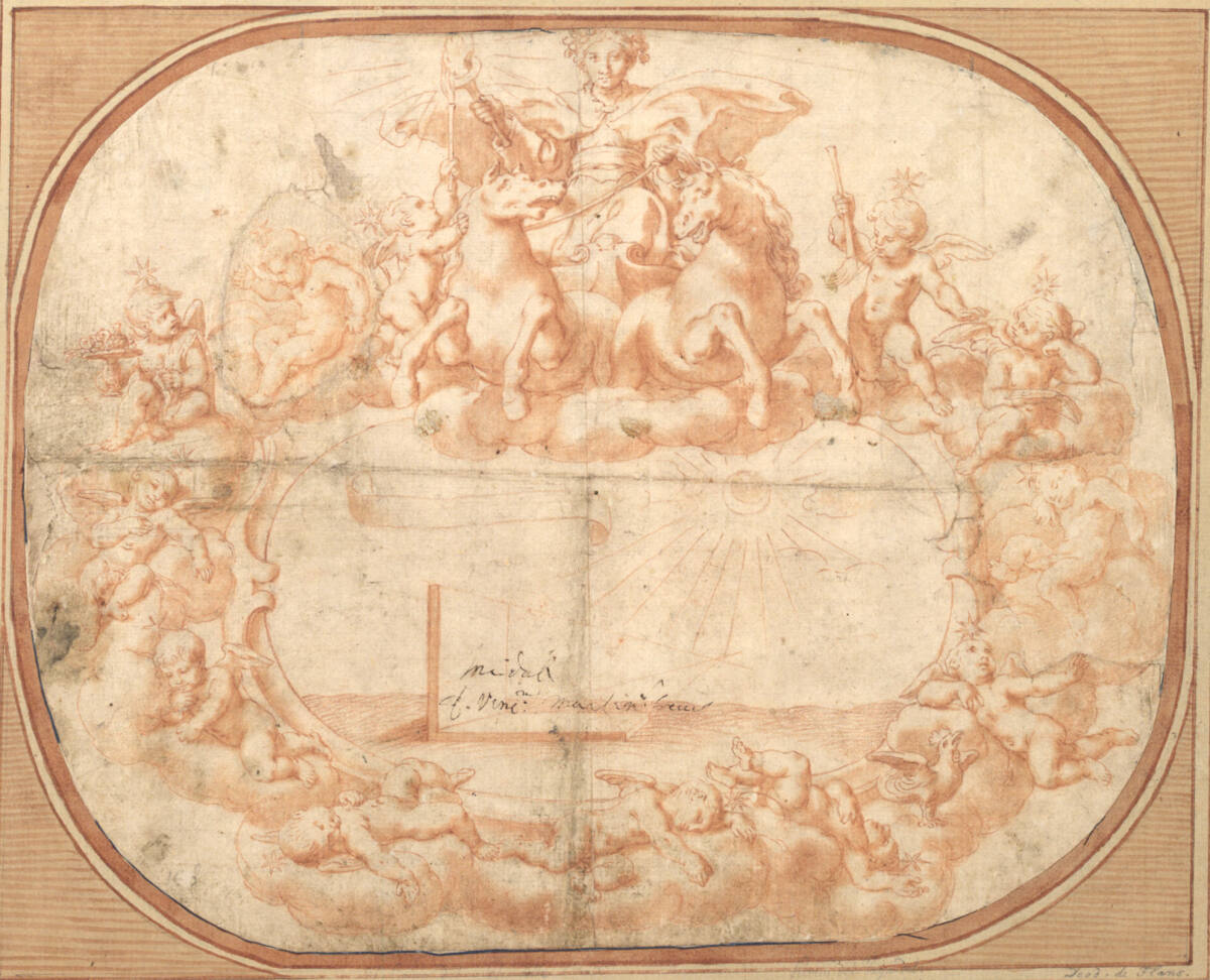 Anonym, Sonnenwagen über einer Kartusche mit Sonnenfinsternis, Winkel und leerer Banderolle, von Sternen-Putti gerahmt
