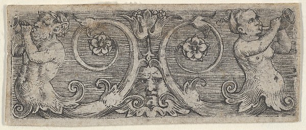 Barthel Beham, Horizontal Panel with Two Tritons with Foliate Tails Playing Horns