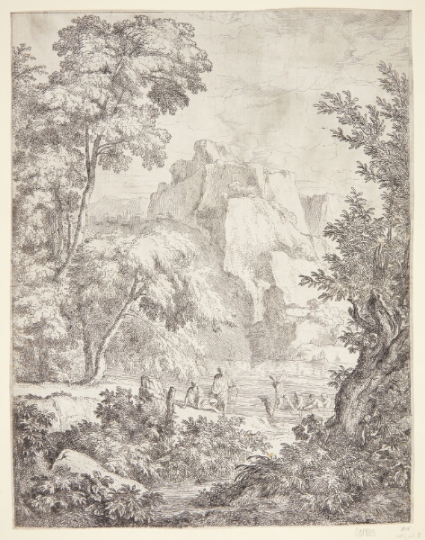 Abraham Genoels, Bjerglandskab med en færgebåd