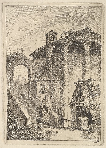 Hubert Robert, Plate 5: The Ancient Temple: a woman descending a staircase at left and giving alms to a beggar, a rotunda at right, from "Les soirées de Rome"