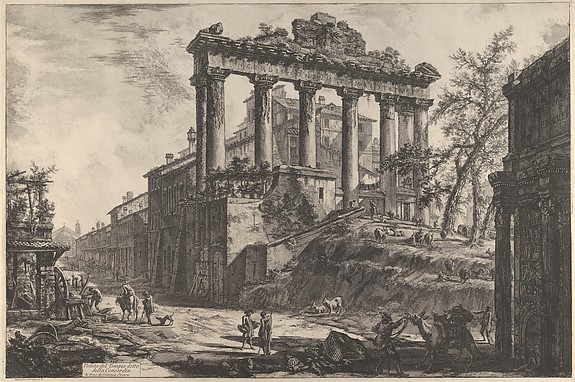 Giovanni Battista Piranesi, View of the so-called Temple of Concord with the Temple of Saturn, on the right the Arch of Septimius Severus
