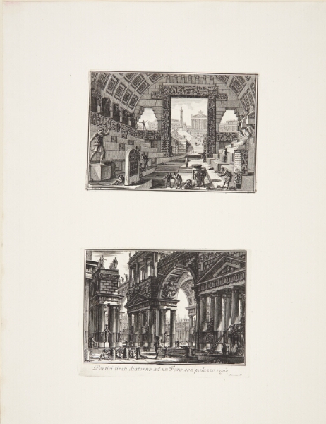 Giovanni Battista Piranesi, Antik skole, bygget i egyptisk og græsk stil / Portikoer, omkransende et forum med et kejserligt palads