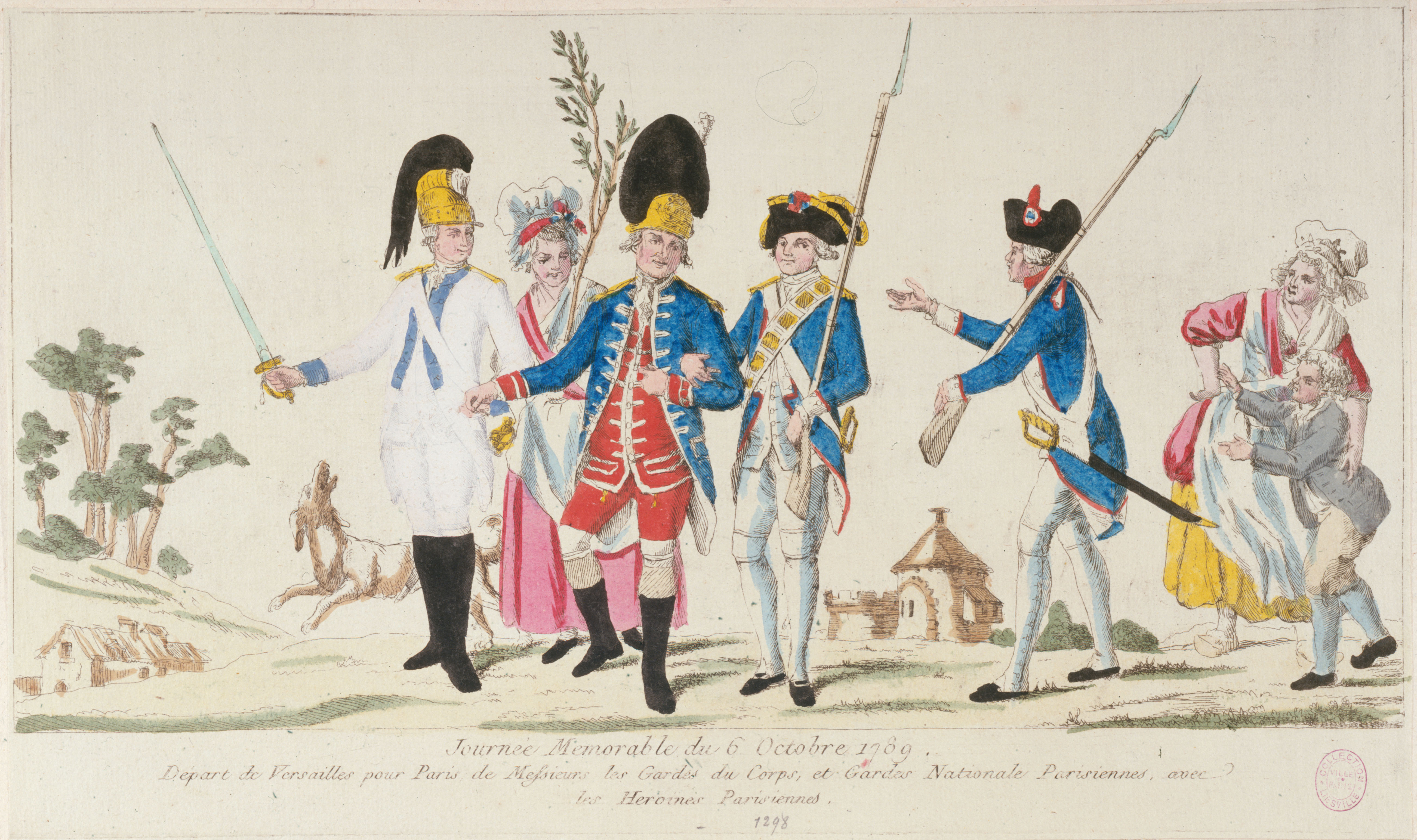 Anonyme, Journée Mémorable du 6 Octobre 1789. Départ de Versailles pour Paris. De Messieurs les Gardes du Corps, et Gardes Nationale Parisiennes, avec les Héroïnes Parisiennes