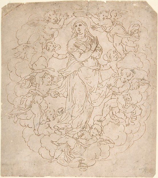 Anonymous, Italian, 16th century, Assumption of the Virgin (recto); Figure Sketches (verso)