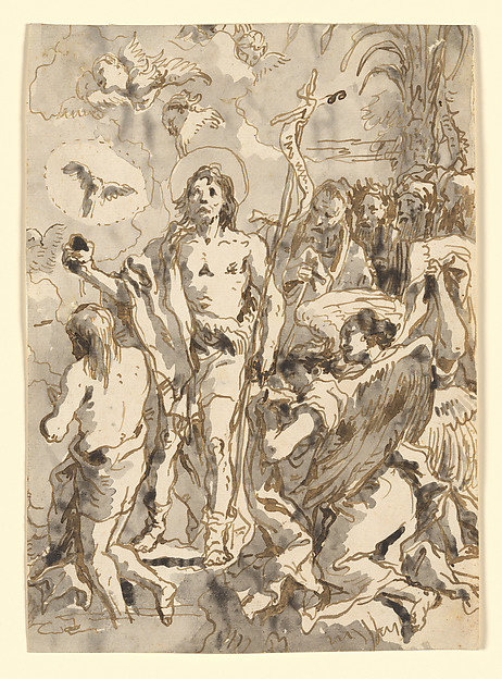 Giovanni Domenico Tiepolo, The Baptism of Christ (with Christ Half-Kneeling at Left, His Back Turned, and the Baptist Full-Faced at Center, Looking Up)