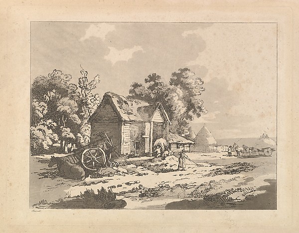 Thomas Rowlandson, Landscape with Figures Storing Hay in a Barn, a Cart and Horse Lying Down at Left