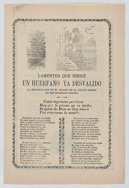 José Guadalupe Posada, Broadsheet relating to the plight of an orphan, young boy standing at the graves of his parents in a cemetery