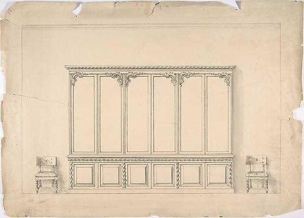 Anonymous, British, 19th century, Design for a Very Large Cabinet  with Turned Elements, and Two Chairs