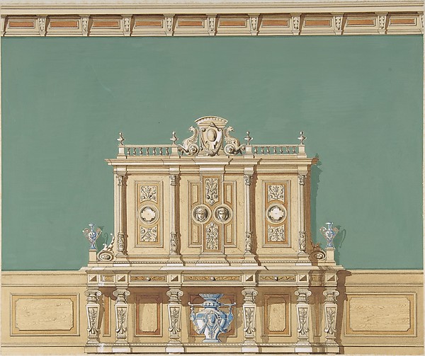 Anonymous, British, 19th century, Interior Design with a Large Renaissance Style Cabinet against a Green Wall