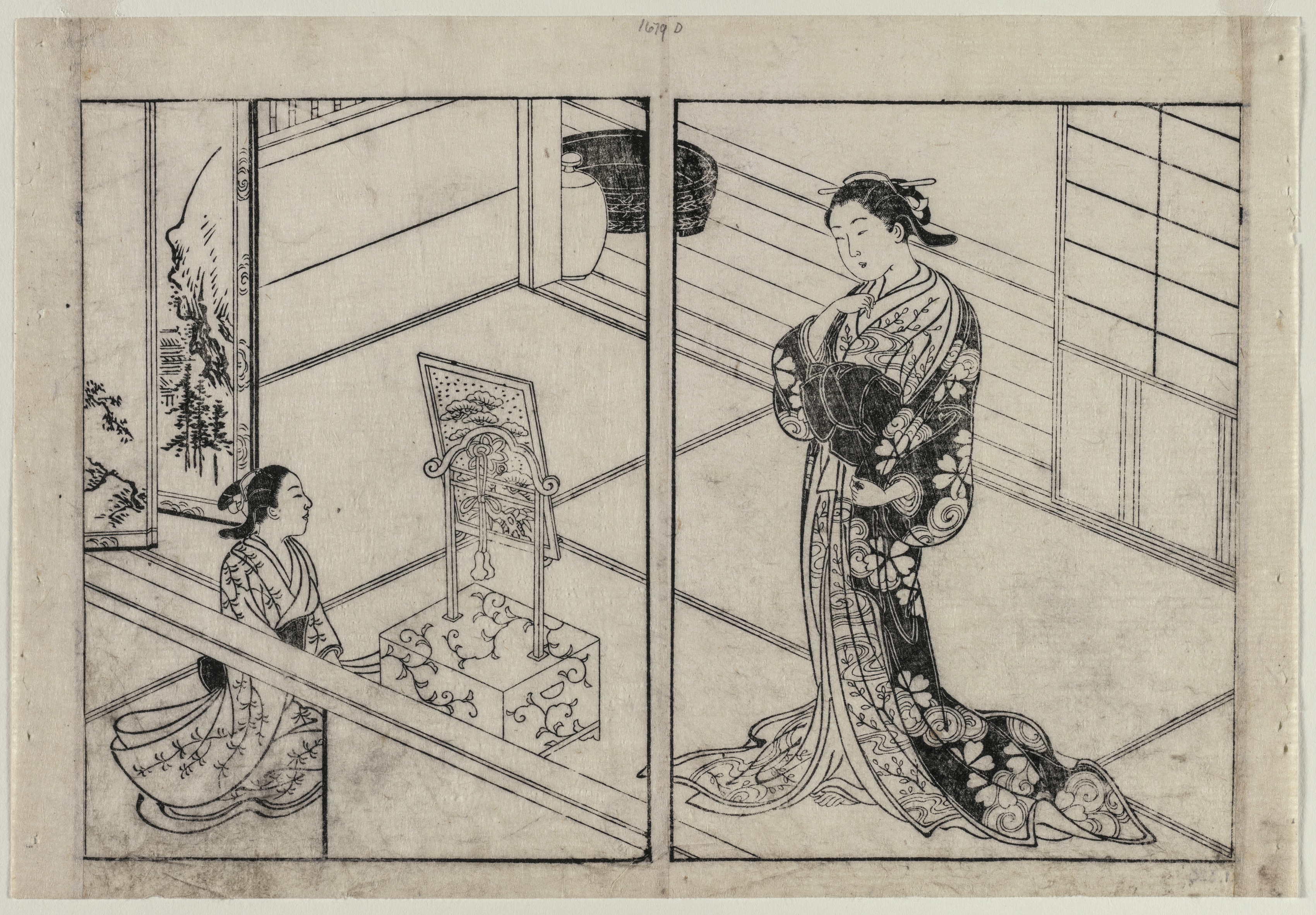 Nishikawa Sukenobu, Woman and Child Beside a Mirror Stand