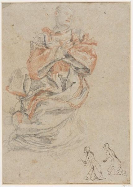 unknown, A deacon (in a dalmatic) kneeling, with his arms crossed  on his chest; in the lower right corner two pen sketches  of a kneeling woman