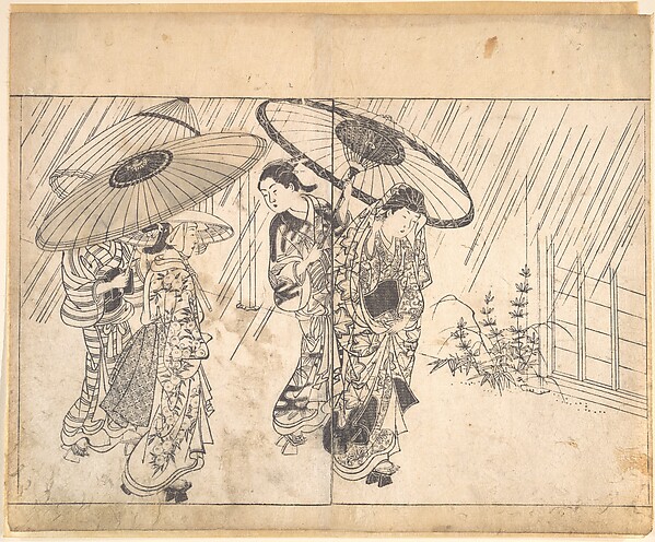 Nishikawa Sukenobu, A Lady with Three Attendants in the Rain