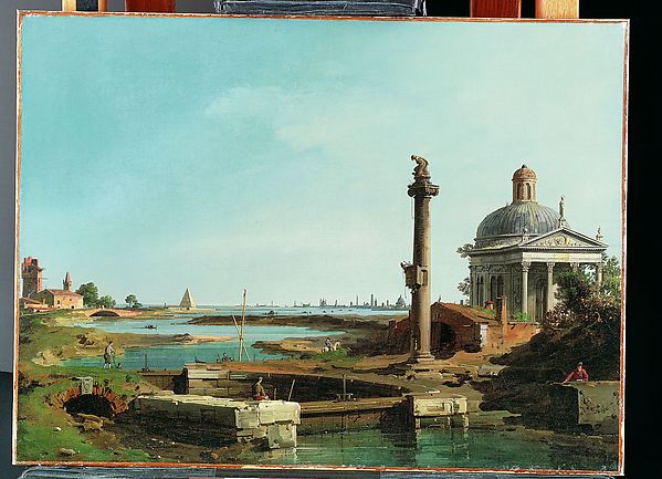 Canaletto (Giovanni Antonio Canal), A Lock, a Column, and a Church beside a Lagoon