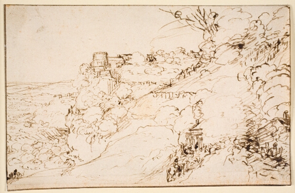 Hendrick Goudt, Landskab med borglignende bygning på bjergfremspring