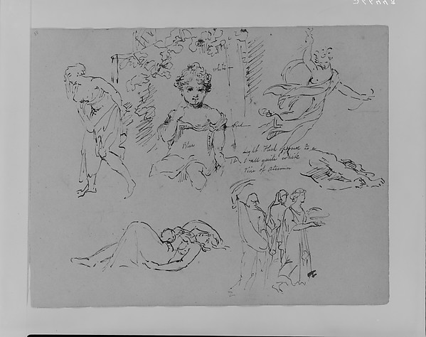 Thomas Sully, Portrait of Girl in Flower Bower, Walking Draped Female Figure, Angel, Dead Mother and Child, Three Draped Figures (from Sketchbook)