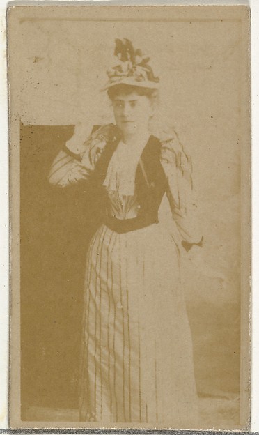 W. Duke, Sons & Co., [Actress wearing dress with vertical striped pattern], from the Actors and Actresses series (N145-8) issued by Duke Sons & Co. to promote Duke Cigarettes