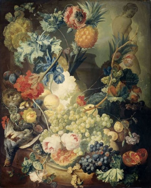 Jan van Os, Still Life with Flowers, Fruit and Birds