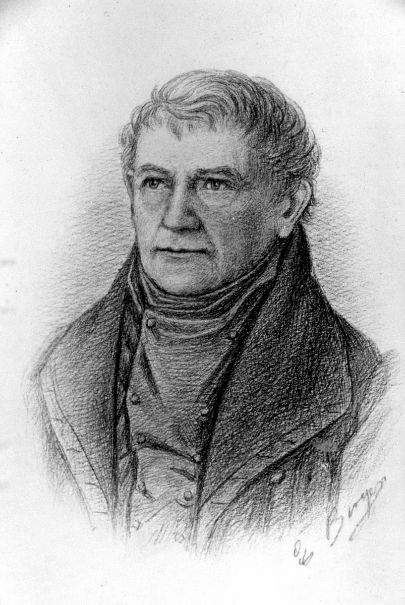 Anno Domkirkeodden, Løytnant Jacob Hoel, Hovinsholm, Helgøya. Født 07. 08. 1775 Død 29. 07. 1847. Portrett. Tegning.