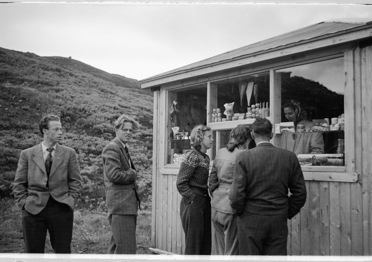 Håkon Prestkværn, Gruppe mennesker utenfor en souvenirbutikk på vei ned til Øvre Årdal i Sogn og Fjordane.