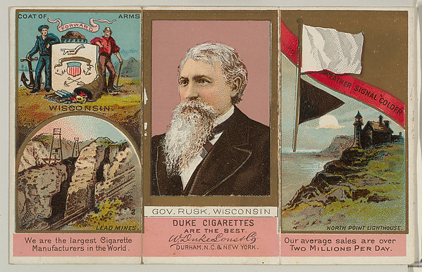 W. Duke, Sons & Co., Governor Rusk, Wisconsin, from "Governors, Arms, Etc." series (N133-2), issued by Duke Sons & Co.